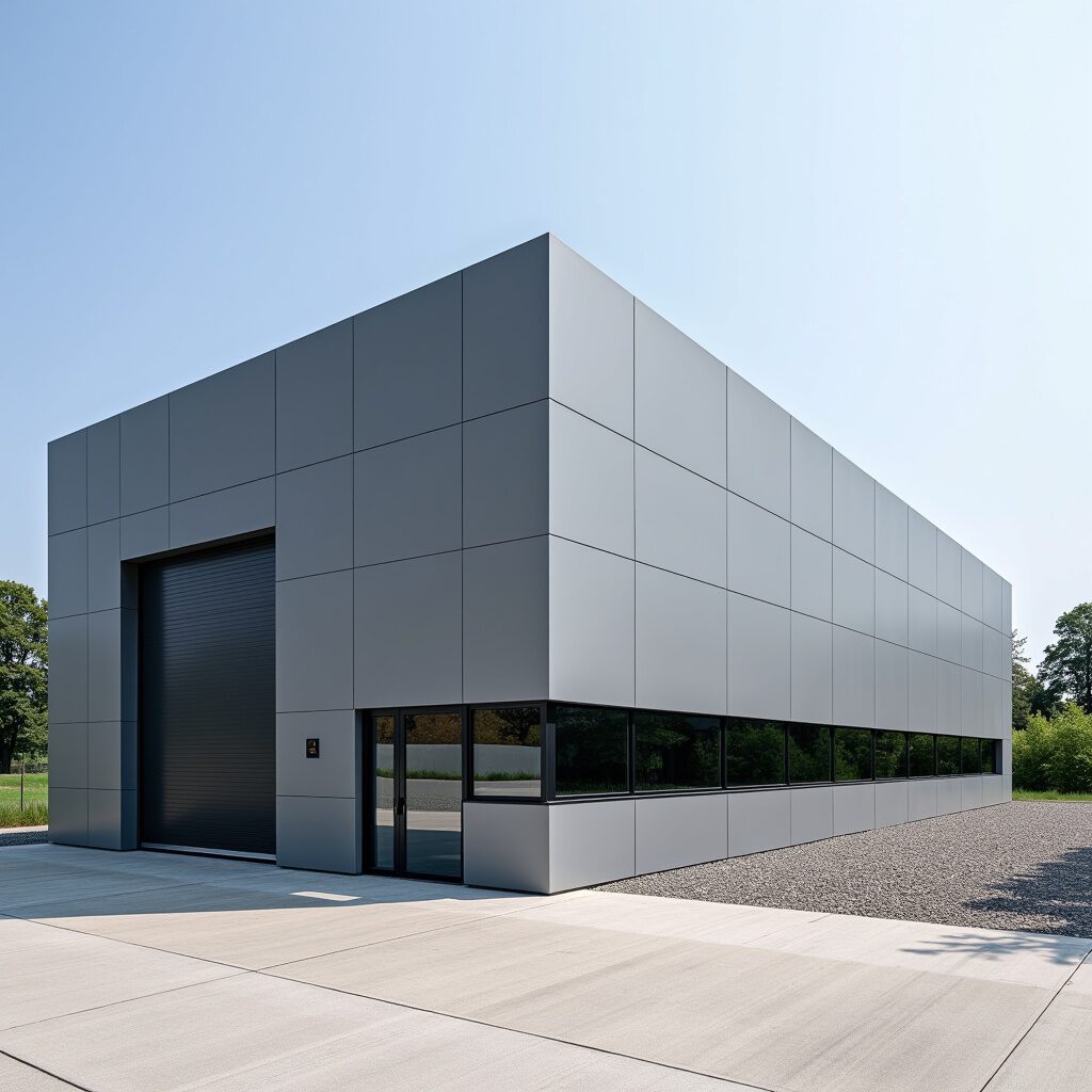 bedrijfshal met plaatwerk grijs