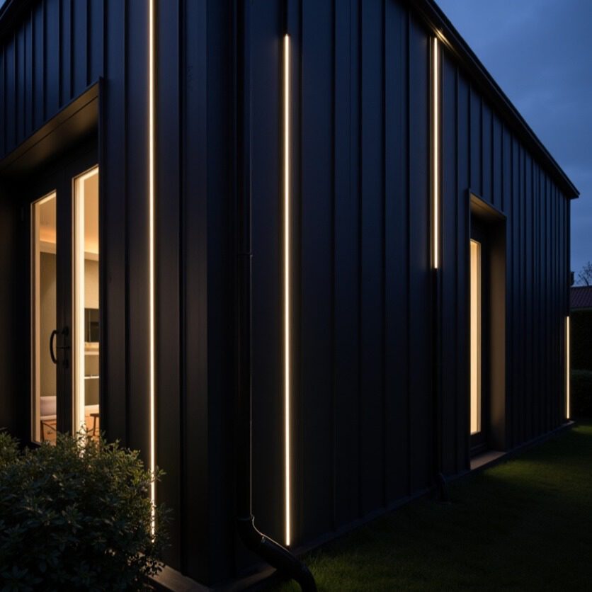 donker houten gevel met verticaal verlichting